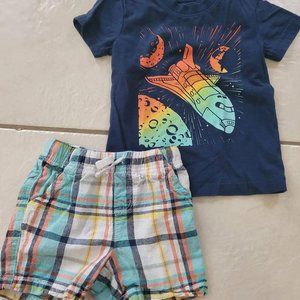 2T Boys Space Shuttle Teal, Yellow & Orange Plaid Short Outfit by Jumping Beans